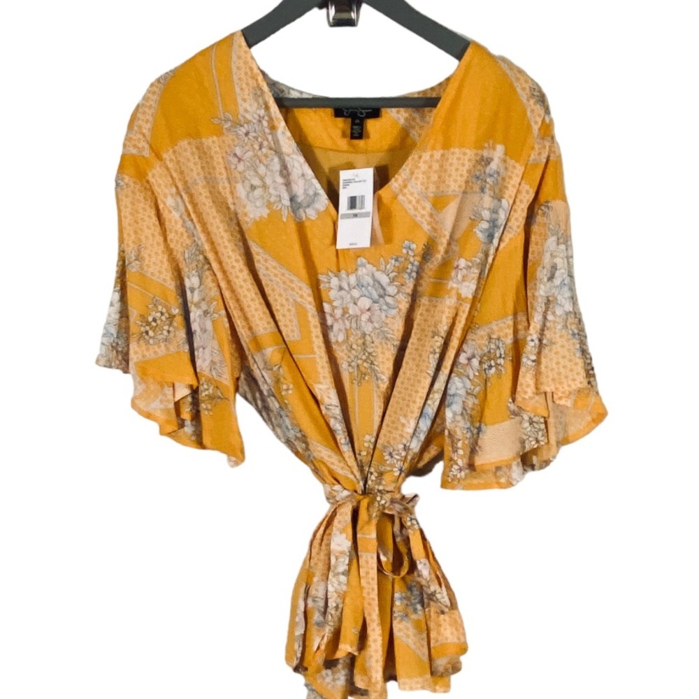 Jessica Simpson Tie Waist Blouse Yellow Floral Sz 1X Gardenia